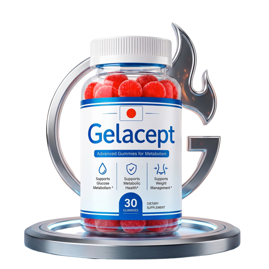 Gelacept gummies bottle with 30 red gummies on a silver stand